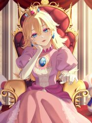 Rule 34 | 1girl, absurdres, blonde hair, blue eyes, crown, dress, earrings, elbow gloves, eyeshadow, gloves, hair between eyes, hand on own head, head rest, highres, jewelry, lipgloss, lipstick, long hair, looking at viewer, makeup, mario (series), nagi-negitoro, nintendo, nintendo switch, pink dress, pink lips, princess peach, princess peach&#039;s castle, revision, sitting, solo, super mario bros. 1, throne, toad (mario), white gloves