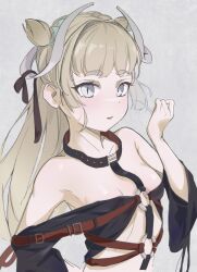 Rule 34 | 1girl, absurdres, bare shoulders, blonde hair, breasts, collar, highres, long hair, looking at viewer, o-ring, o-ring top, open clothes, slit pupils, small breasts, solo, yonemochi yume
