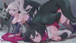 Rule 34 | 2girls, all fours, animal, ass, bestiality, black hair, black panties, blouse, blue dress, blue eyes, breasts, chinese commentary, clothes lift, collarbone, commentary request, creature, detached sleeves, dog, dress, frilled dress, frills, grimm (rwby), hair between eyes, highres, licking, long hair, multiple dogs, multiple girls, nipples, open mouth, panties, parted lips, rape, red eyes, red skirt, revision, ruby rose, rwby, scar, scar across eye, sex, shirt, short hair, skirt, skirt lift, teeth, thighhighs, tongue, tongue out, top-down bottom-up, torn clothes, torn dress, torn legwear, torn shirt, underwear, upper teeth only, wangxiii, weiss schnee, white shirt