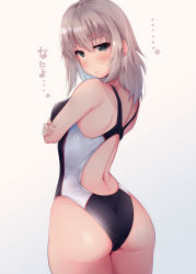 Rule 34 | ..., 1girl, ass, black one-piece swimsuit, blue eyes, commentary request, competition swimsuit, cowboy shot, from behind, girls und panzer, highres, itsumi erika, looking at viewer, looking back, medium hair, nksk, one-piece swimsuit, silver hair, simple background, solo, standing, swimsuit, translation request, white background