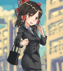 Rule 34 | 1girl, afterimage, bag, black hair, black jacket, black skirt, blue sky, blurry, blurry background, blush, bow, brown eyes, building, cloud, collared shirt, commentary request, cookie (touhou), cowboy shot, frilled bow, frilled hair tubes, frills, hair bow, hair tubes, hakurei reimu, handbag, highres, jacket, looking at viewer, medium hair, nob1109, office lady, open mouth, outdoors, red bow, sananana (cookie), shirt, skirt, sky, solo, touhou, white shirt