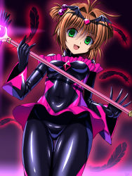 Rule 34 | 1girl, :d, alternate costume, antenna hair, aura, bad end happy, bad end happy (cosplay), bad end precure, bat wings, black bodysuit, black gloves, bodysuit, breasts, brown hair, cardcaptor sakura, corruption, cosplay, covered navel, cowboy shot, crazy smile, dark persona, dress, empty eyes, eyeshadow, feathers, frills, from below, fuuin no tsue, gem, gloves, glowing, gradient background, green eyes, hair bobbles, hair intakes, hair ornament, holding, kinomoto sakura, latex, latex dress, latex gloves, latex suit, looking at viewer, magical girl, makeup, microskirt, open mouth, pleated skirt, precure, purple background, sen (sansui), shiny clothes, short hair, signature, skin tight, skirt, small breasts, smile, smile precure!, solo, thigh gap, thighs, tiara, turtleneck, two side up, wand, wide sleeves, wings