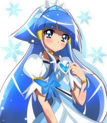 Rule 34 | 1girl, aoki reika, blue eyes, blue hair, blush, bow, bracelet, brooch, choker, color connection, cosplay, cure beauty, cure diamond, cure diamond (cosplay), dokidoki! precure, hair tubes, hairband, haru (nature life), heart, heart brooch, jewelry, long hair, magical girl, matching hair/eyes, precure, ribbon, sidelocks, smile, smile precure!, snowflakes, solo, white background