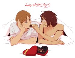 Rule 34 | 1boy, 1girl, box, breasts, brown hair, camisole, chocolate, cleavage, commentary, feeding, food, food on face, glasses, hange zoe, hanpetos, happy valentine, head rest, heart-shaped box, lying, moblit berner, on stomach, pillow, red camisole, shingeki no kyojin, shirt, small breasts, strap slip, t-shirt, under covers, white shirt