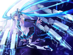 Rule 34 | 1girl, adapted costume, blue eyes, blue hair, boots, broken glass, detached sleeves, artistic error, flying, glass, hatsune miku, long hair, matching hair/eyes, necktie, outstretched hand, skirt, solo, space, thigh boots, thighhighs, twintails, very long hair, vocaloid, yuuki kira