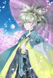 Rule 34 | 1boy, ayaan (ayako), black hair, character name, cherry blossoms, choker, full moon, highres, moon, multicolored hair, oil-paper umbrella, outdoors, petals, smile, solo, standing, technoroid, two-tone hair, umbrella, wide sleeves, yellow eyes
