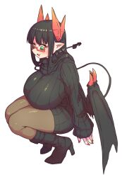 Rule 34 | 1girl, :3, black footwear, black hair, black tail, boots, breasts, demon horns, demon tail, demon wings, dress, glasses, green eyes, high heel boots, high heels, highres, horns, huge breasts, long hair, merii (mazohaha), musuko ga kawaikute shikatanai mazoku no hahaoya, open mouth, pantyhose, pointy ears, pointy nose, red-framed eyewear, red horns, red nails, ribbed sweater, squatting, sweater, sweater dress, tail, thighs, wings, zyugoya