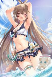 Rule 34 | 1girl, absurdres, ahoge, armpits, arms up, bag, bikini, breasts, brown eyes, brown hair, cleavage, feather hair ornament, feathers, friend (nanashi mumei), hair ornament, highres, hololive, hololive english, hololive summer 2023 swimsuit, layered bikini, lens flare, long hair, lukas reule, medium breasts, nanashi mumei, navel, ocean, one eye closed, plastic bag, presenting armpit, skindentation, stomach, swimsuit, thigh gap, thigh strap, thighs, virtual youtuber