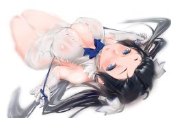 Rule 34 | 10s, 1girl, absurdres, bad id, bad pixiv id, bare shoulders, black hair, blue eyes, blurry, blush, breasts, cleavage, covered erect nipples, depth of field, dungeon ni deai wo motomeru no wa machigatteiru darou ka, dutch angle, eyelashes, female focus, gloves, hair ribbon, hestia (danmachi), highres, large breasts, long hair, looking at viewer, lying, on back, open mouth, parted lips, rei no himo, ribbon, sabaku no tanuki, simple background, skindentation, solo, thighs, twintails, very long hair, white background, white gloves