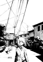 Rule 34 | 1girl, bad id, bad pixiv id, expressionless, greyscale, hanno, highres, ink (medium), looking at viewer, monochrome, necktie, no entry sign, original, perspective, power lines, road, road closed to vehicles sign, road sign, school uniform, short hair, sign, solo, street, sweater vest, traditional media, wind