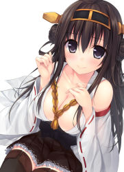 Rule 34 | 10s, 1girl, black eyes, boots, breasts, brown hair, cleavage, detached sleeves, frilled skirt, frills, japanese clothes, kantai collection, kongou (kancolle), large breasts, long hair, looking at viewer, miniskirt, nontraditional miko, personification, rennkuu, ribbon-trimmed sleeves, ribbon trim, skirt, solo, thigh boots, thighhighs, wide sleeves, zettai ryouiki