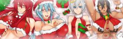 Rule 34 | 4girls, armpits, bare shoulders, bell, black hair, blue eyes, blue hair, bow, breasts, breasts apart, candy, candy cane, center opening, character request, choker, christmas, cleavage, crop top, crown, dark skin, dark-skinned female, detached sleeves, earrings, elbow gloves, exaxuxer, fingerless gloves, food, fur collar, gift, glasses, gloves, hair bow, hat, highres, huge breasts, jewelry, kuu-chan (exaxuxer), long hair, looking at viewer, lying, mini crown, moose, multiple girls, navel, no bra, on back, original, pink eyes, ponytail, red eyes, red gloves, red hair, santa costume, santa hat, semi-rimless eyewear, short hair, silver hair, small breasts, smile, stuffed animal, stuffed toy, under-rim eyewear, underboob, wristband, yellow eyes