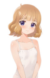 Rule 34 | 1girl, ahoge, blue eyes, blush, brown hair, collarbone, commentary request, dot nose, expressionless, flat chest, highres, idolmaster, idolmaster million live!, looking at viewer, medium hair, rulyuzevcpalyo, shirt, sidelocks, solo, suou momoko, tank top, wavy hair, white background, white shirt