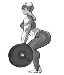 Rule 34 | 1girl, 6maker, ass, bent over, breasts, capcom, chun-li, crop top, earrings, exercising, feet, highres, jewelry, muscular, muscular female, pants, squatting, street fighter, weightlifting, yoga pants