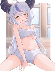 Rule 34 | 1girl, absurdres, ahoge, airenif, bare arms, bare shoulders, blush, border, breasts, camisole, demon girl, demon horns, grey hair, highres, hololive, horns, la+ darknesss, long hair, looking at viewer, multicolored hair, navel, open mouth, purple hair, shorts, sidelocks, small breasts, solo, stomach, streaked hair, striped horns, symbol-shaped pupils, virtual youtuber, white border, white camisole, white shorts, yellow eyes