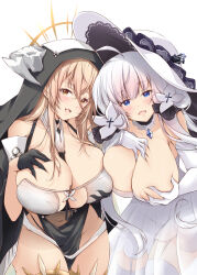 Rule 34 | 2girls, azur lane, black gloves, blonde hair, blue eyes, blue gemstone, breast cutout, breasts, cleavage, cowboy shot, deep skin, detached collar, dress, elbow gloves, fake horns, garter straps, gem, gloves, grabbing own breast, habit, hair between eyes, halo, hand on own chest, hanging breasts, highres, horns, huge breasts, illustrious (azur lane), implacable (azur lane), leaning forward, long bangs, long hair, looking at viewer, mechanical halo, mikuchi3939, multiple girls, nun, open mouth, pelvic curtain, revealing clothes, see-through, see-through dress, simple background, thighhighs, two-tone dress, veil, very long hair, white background, white dress, white garter straps, white gloves, white hair, white headwear, white horns, white thighhighs, yellow eyes