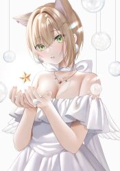 Rule 34 | 1girl, absurdres, angel wings, animal ears, bare shoulders, bauble, blonde hair, blush, breasts, cat ears, choker, cleavage, commentary, crossed bangs, cupping hands, dangling, dress, earrings, english commentary, expressionless, feathered wings, floating, frilled dress, frills, green eyes, hair between eyes, hair intakes, hair ornament, hair over eyes, hairclip, hands up, highres, holding, holding star, iris black games, jewelry, kurumi noah, looking at viewer, medium breasts, necklace, off-shoulder dress, off shoulder, own hands together, parted lips, pleated dress, pom pom (clothes), pom pom earrings, pom pom ring, pomelunch, refraction, ribbon, ring, short hair, simple background, solo, star (symbol), star necklace, virtual youtuber, vspo!, white background, white dress, white ribbon, wings, x hair ornament