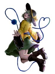 Rule 34 | 1girl, :d, black footwear, black hat, blouse, blue eyes, blush, boots, commentary, eyebrows hidden by hair, frilled sleeves, frills, from behind, full body, green hair, green skirt, hat, hat ribbon, head tilt, heart, heart of string, highres, hoshiringo0902, koishi day, komeiji koishi, lips, long sleeves, looking at viewer, looking back, open mouth, outstretched arms, outstretched hand, ribbon, shirt, short hair, simple background, skirt, smile, solo, teeth, third eye, tongue, touhou, white background, wide sleeves, yellow ribbon, yellow shirt