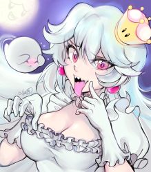 Rule 34 | 1girl, artist name, aura, bad id, bad pixiv id, blush, boo (mario), breasts, choker, cleavage, covering face, dress, earrings, finger to mouth, floating, flying sweatdrops, frilled dress, frilled gloves, frills, full moon, ghost post, gloves, hair between eyes, highres, jewelry, long hair, luigi&#039;s mansion, mario (series), medium breasts, moon, new super mario bros. u deluxe, night, night sky, nintendo, nose blush, open mouth, pink eyes, princess king boo, puffy short sleeves, puffy sleeves, purple pupils, purple sky, sharp teeth, shiny skin, short sleeves, sidelocks, sky, slit pupils, smile, super crown, taut clothes, taut dress, teeth, tongue, tongue out, very long hair, vinetsu, white choker, white dress, white gloves