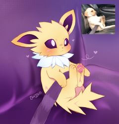 Rule 34 | :3, animal focus, artist name, blush, chakisuu, closed mouth, colored sclera, creatures (company), dated, full body, fur collar, game freak, gen 1 pokemon, happy, heart, highres, jolteon, legs up, looking up, nintendo, no humans, pawpads, photo-referenced, pokemon, pokemon (creature), purple background, purple sclera, reference inset, seatbelt, signature, sitting, smile, solo, white eyes