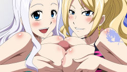 Rule 34 | 1boy, 2girls, bikini, bikini top only, blonde hair, blue eyes, blush, breast press, breasts, breasts squeezed together, censored, cooperative paizuri, disembodied penis, earrings, fairy tail, ffm threesome, group sex, highres, jenny realight, jewelry, large breasts, long hair, looking at viewer, mirajane strauss, mosaic censoring, multiple girls, nipples, open mouth, paizuri, penis, ponytail, simple background, smile, swimsuit, tattoo, teamwork, threesome, white hair