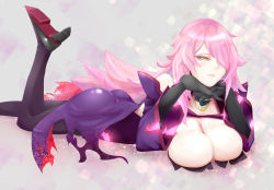 Rule 34 | 1girl, artist request, ass, bare shoulders, black sclera, blazblue, breast press, breasts, cape, cleavage, colored sclera, detached sleeves, dress, gloves, hair over one eye, high heels, highres, huge breasts, konoe a. mercury, long hair, lying, on stomach, phantom (blazblue), pink hair, shiny clothes, shiny skin, shoes, short dress, slit pupils, smile, solo, thighhighs, very long hair, yellow eyes