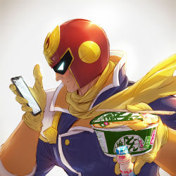 Rule 34 | 1boy, captain falcon, cellphone, chopsticks, commentary request, cup ramen, donbee (food), donbei kitsune udon, f-zero, food, gloves, grey background, helmet, holding, holding food, instant ramen, instant udon, looking at object, looking at phone, looking away, male focus, nintendo, nissin donbei, phone, scarf, solo, super smash bros., takami masahiro, upper body, yakult, yellow gloves, yellow scarf