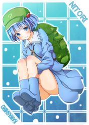 Rule 34 | 1girl, absurdres, backpack, bag, blue eyes, blue hair, blush, boots, character name, female focus, hair bobbles, hair ornament, hat, highres, kawashiro nitori, korezyanai, matching hair/eyes, short hair, skirt, smile, solo, touhou, twintails, two side up