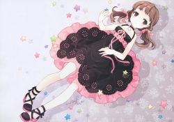 Rule 34 | 1girl, atlus, brown eyes, brown hair, child, circle skirt, doujima nanako, dress, face, hair ribbon, highres, lying, on back, persona, persona 4, ribbon, scan, scan artifacts, smile, solo, star (symbol), tearfish, twintails