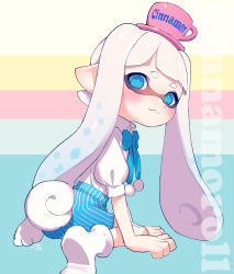 Rule 34 | 1girl, :3, animal ears, arm support, artist name, blue background, blue bow, blue bowtie, blue eyes, blue hair, blue shorts, blunt bangs, blush, bow, bowtie, character name, cinnamoroll, cinnamoroll (cosplay), clenched hands, closed mouth, collared shirt, commentary, cosplay, cup, english text, gradient hair, hat, highres, inkling player character, leaning forward, long hair, looking at viewer, looking back, multicolored background, multicolored hair, nintendo, paw shoes, pink background, pink hat, pointy ears, puchiman, puffy short sleeves, puffy sleeves, rabbit tail, sanrio, saucer, shirt, short sleeves, shorts, signature, sitting, smile, solo, splatoon (series), splatoon 2, striped clothes, striped shorts, tail, teacup, tentacle hair, vertical-striped clothes, vertical-striped shorts, wariza, white background, white hair, white shirt, yellow background