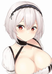 Rule 34 | 1girl, azur lane, black choker, blush, breasts, choker, cleavage, collarbone, hair between eyes, hairband, kohakope, lace-trimmed hairband, lace trim, large breasts, looking at viewer, red eyes, short hair, silver hair, simple background, sirius (azur lane), solo, upper body, white background