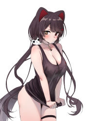 Rule 34 | 1girl, amuriha, animal ears, bare arms, bare shoulders, blush, bottomless, breasts, brown shirt, cleavage, closed mouth, collar, covering privates, covering crotch, cowboy shot, dog ears, dog girl, dog tail, embarrassed, flower, frown, hair flower, hair ornament, heterochromia, highres, inui toko, large breasts, long hair, looking at viewer, nijisanji, red flower, revealing clothes, revision, shirt, shirt tug, simple background, solo, standing, tail, thigh strap, thighs, very long hair, virtual youtuber, white background