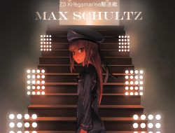 Rule 34 | 10s, brown hair, clothes writing, dress, hat, highres, kantai collection, long hair, military hat, sailor collar, sailor dress, sailor hat, solo, ssamjang (misosan), stairs, translation request, z3 max schultz (kancolle)