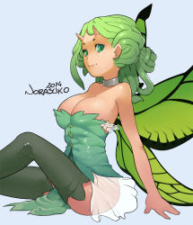 Rule 34 | 10s, 1girl, 2014, anastasia (norasuko), bad id, bad tumblr id, breasts, bustier, choker, cleavage, eyelashes, fairy, fairy wings, female focus, folded ponytail, green eyes, green hair, green thighhighs, horns, large breasts, light smile, looking at viewer, making-of available, matching hair/eyes, norasuko, oni horns, original, pelvic curtain, pointy ears, see-through, short hair, signature, sitting, skirt, solo, thighhighs, wings