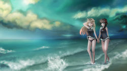 Rule 34 | &gt;;), 10s, 2girls, ;), absurdres, ahoge, allen (pixiv), alternate costume, bare arms, bare legs, beach, black panties, blonde hair, blue eyes, braid, brown hair, cloud, cloudy sky, commentary, hair flaps, hair ornament, hair ribbon, hairclip, highres, holding hands, kantai collection, long hair, looking at another, midriff, multiple girls, navel, no pants, ocean, one eye closed, panties, red eyes, ribbon, sailor collar, shigure (kancolle), single braid, sky, sleeveless, smile, splashing, underwear, v-shaped eyebrows, yuri, yuudachi (kancolle)