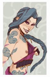 Rule 34 | 1girl, bare shoulders, black gloves, blush, border, cloud tattoo, crop top, fingerless gloves, gloves, grin, highres, jinx (league of legends), league of legends, long braid, nipple piercing, parted bangs, piercing, pink eyes, pink shirt, shirt, shoulder tattoo, smile, solo, stomach tattoo, striped clothes, striped shirt, tattoo, tdp, teeth, white border