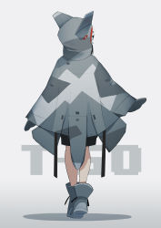 Rule 34 | 1girl, absurdres, back, boots, camouflage, character name, cloak, commentary request, fami (yellow skies), full body, gradient background, highres, hood, hood up, hooded cloak, mittens, original, sharp teeth, solo, standing, su-57, teeth
