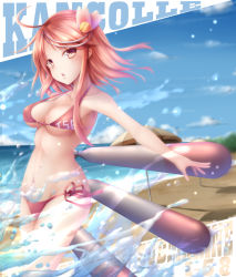 Rule 34 | 1girl, ahoge, alternate breast size, alternate costume, beach, bikini, blue sky, breasts, cleavage, clothes writing, commentary request, day, hair ornament, highres, i-58 (kancolle), kantai collection, looking at viewer, medium breasts, navel, ocean, open mouth, pink hair, red eyes, seiya (iiseven), short hair, side-tie bikini bottom, sky, solo, swimsuit, torpedo, type 95 torpedo, umbrella