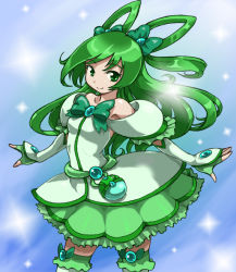 Rule 34 | 1girl, bad id, bad pixiv id, blue background, bow, dress, fingerless gloves, frills, gloves, green dress, green eyes, green hair, green theme, hair rings, long hair, magical girl, matching hair/eyes, original, precure, ribbon, rohitsuka, smile, solo, thighhighs