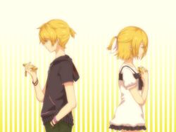 Rule 34 | 1boy, 1girl, alternate hairstyle, back-to-back, bad id, bad pixiv id, blonde hair, brother and sister, casual, cellphone, hand in pocket, kagamine len, kagamine rin, oharu, phone, ponytail, profile, short hair, siblings, striped, striped background, tears, twins, vocaloid