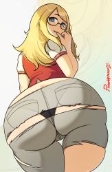Rule 34 | 1girl, artist name, ass, black panties, blonde hair, blue eyes, boku no hero academia, from behind, glasses, highres, huge ass, long hair, looking at viewer, looking back, melissa shield, panties, pants, probablynoon, short sleeves, smile, solo, thick thighs, thigh gap, thighs, torn clothes, torn pants, underwear, white background, wide hips, zoom layer