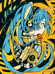 Rule 34 | 1girl, 3kuma, aqua eyes, aqua hair, blue hair, breasts, brown gloves, cheek rest, facial mark, facial tattoo, from side, gloves, graffiti, hair between eyes, hand on own cheek, hand on own face, hatsune miku, headphones, headset, highres, light blue hair, limited palette, long hair, matryoshka (vocaloid), no hood, pale skin, profile, ringed eyes, signature, small breasts, smile, smiley face, solo, sweater, tattoo, twintails, two-tone eyes, very long hair, vocaloid, yellow background, yellow eyes, yellow sweater
