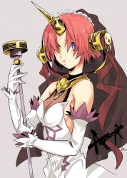 Rule 34 | 1girl, cleavage, dress, elbow gloves, fate/apocrypha, fate/grand order, fate (series), frankenstein&#039;s monster (fate), gloves, hair over eyes, highres, horns, mace, pink hair, pout, see-through, see-through cleavage, short hair, single horn, solo, veil, weapon, white dress, white gloves