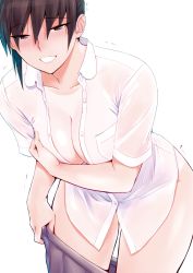 Rule 34 | 1girl, amagami, arm across chest, black hair, breasts, cleavage, clothes pull, commentary request, highres, leaning forward, long hair, looking at viewer, medium breasts, naked shirt, open mouth, panties, pleated skirt, sasaki akira (ugc), see-through, shirt, skirt, skirt pull, smile, solo, tsukahara hibiki, underwear, undressing