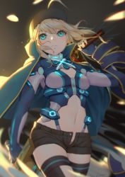 Rule 34 | 1girl, ahoge, arm up, artoria pendragon (all), artoria pendragon (fate), baseball cap, black thighhighs, blonde hair, blue eyes, breasts, cape, closed mouth, dual wielding, excalibur (fate/stay night), fate/grand order, fate/zero, fate (series), fingerless gloves, gloves, hair between eyes, hat, highres, holding, holding sword, holding weapon, jacket, jacket on shoulders, lanzi (415460661), long hair, midriff, mysterious heroine x (fate), mysterious heroine x (third ascension) (fate), navel, open clothes, open shorts, ponytail, purple gloves, rojiura satsuki : chapter heroine sanctuary, saber (fate), short shorts, shorts, sidelocks, small breasts, solo, standing, sword, thighhighs, track jacket, weapon
