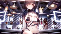 Rule 34 | 1girl, alcohol, atha (leejuiping), bikini, black bikini, black eyes, black gloves, black hair, bottle, breasts, collar, gloves, highres, long hair, looking at viewer, navel, original, parted lips, shrug (clothing), solo, swimsuit
