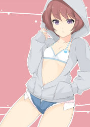 Rule 34 | 10s, 1girl, aldnoah.zero, breasts, cutoffs, hand in pocket, hood, hoodie, navel, open clothes, open fly, open hoodie, pink background, purple eyes, rayet areash, red hair, sasakura, short hair, short shorts, shorts, small breasts, sports bra, unzipped