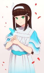 Rule 34 | 1girl, black hair, blunt bangs, blush, boncha, brown hair, cherry blossoms, closed mouth, confetti, cowboy shot, dress, falling leaves, falling petals, feathers, flower, gradient background, green eyes, hair flower, hair ornament, hair ribbon, hairband, hairclip, highres, jewelry, kurosawa dia, leaf, long hair, looking at viewer, love live!, love live! sunshine!!, mole, mole under mouth, own hands together, petals, petals on liquid, ribbon, rose petals, sash, short sleeves, sidelocks, skirt, smile, solo, standing, straight hair, upper body, white background, white feathers, white hairband