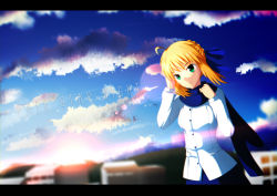 Rule 34 | 1girl, ahoge, artoria pendragon (all), artoria pendragon (fate), blonde hair, blue scarf, casual, cityscape, cloud, coat, copyright name, fate/stay night, fate (series), green eyes, hair ribbon, letterboxed, long sleeves, official alternate costume, ribbon, saber (fate), scarf, sky, smile, solo, sunlight, violetsang