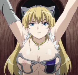 Rule 34 | 1girl, angry, blonde hair, blue eyes, breasts, earrings, elina (queen&#039;s blade), female focus, gradient background, highres, jewelry, large breasts, long hair, nipples, queen&#039;s blade, solo, stitched, third-party edit, torn clothes